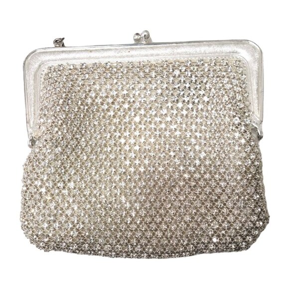 Vintage Formal Evening Bag Silver Rhinestones Kiss Lock Chain - Picture 6 of 6